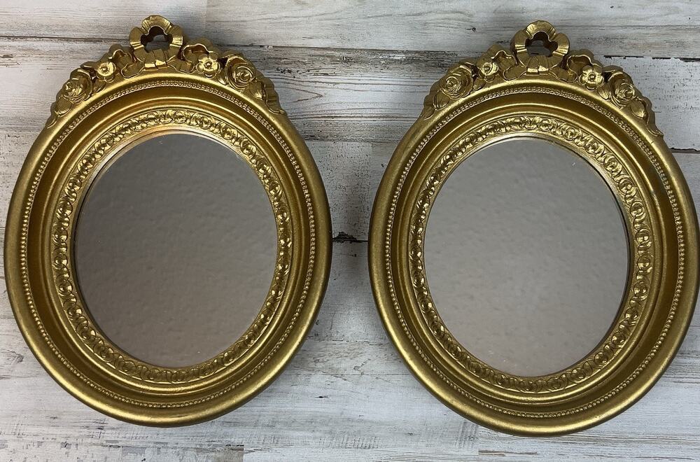 Vintage Home Interiors Gold Oval Wall Mirrors Set of 2 Ornate Floral Homco USA